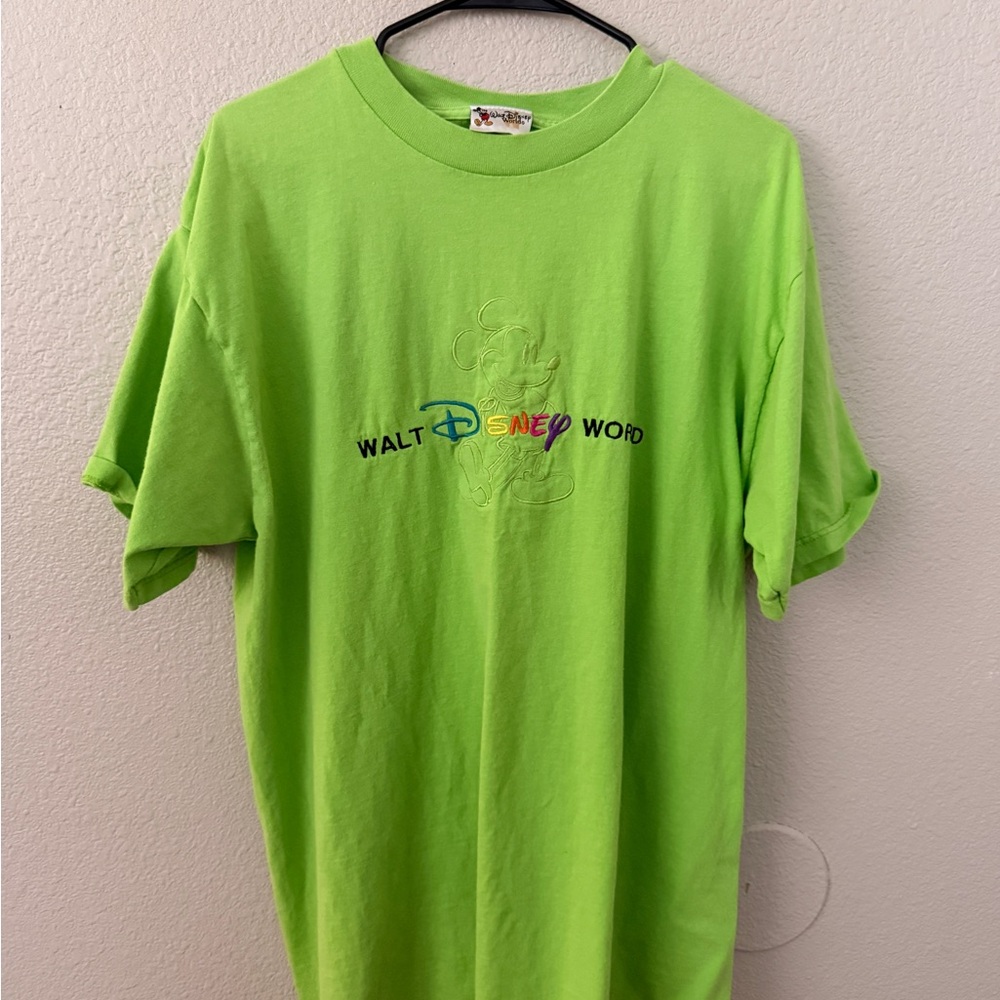 Disney Neon Green Walt Disney World Embroidered Logo Tee